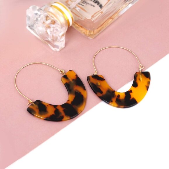 Acrylic Earrings Tortoise Hoop Earrings Statement Wire Resin Earrings Fan Drop D - Picture 5 of 6